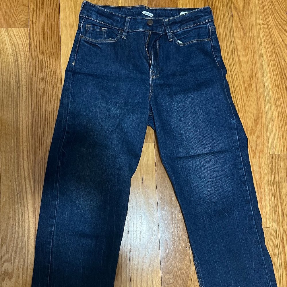 old navy high rise wide leg cropped jean, dark blue, size 4